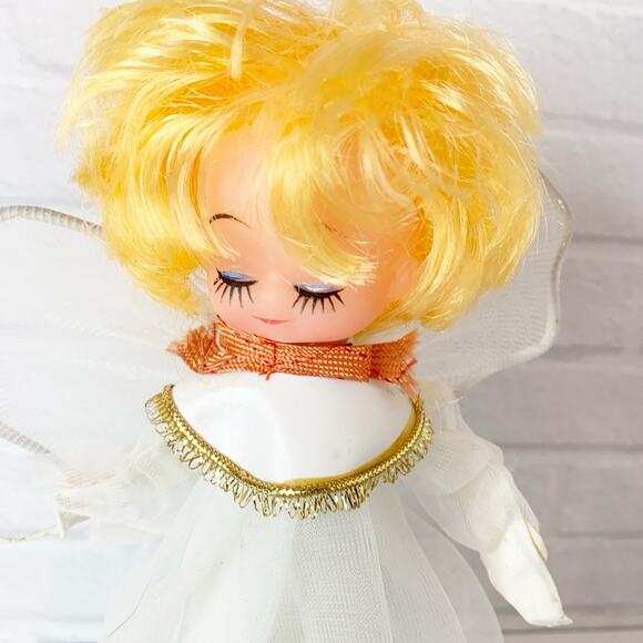 Vintage Christmas Angel Tree Topper Japan 1960s MCM 8” Cone Eyes Closed Blonde - Picture 2 of 8